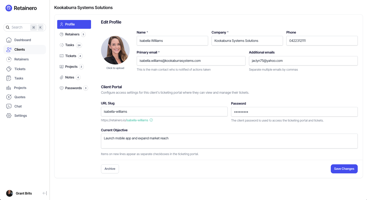 Retainero agency CRM interface — client list, retainer hours overview and project kanban board