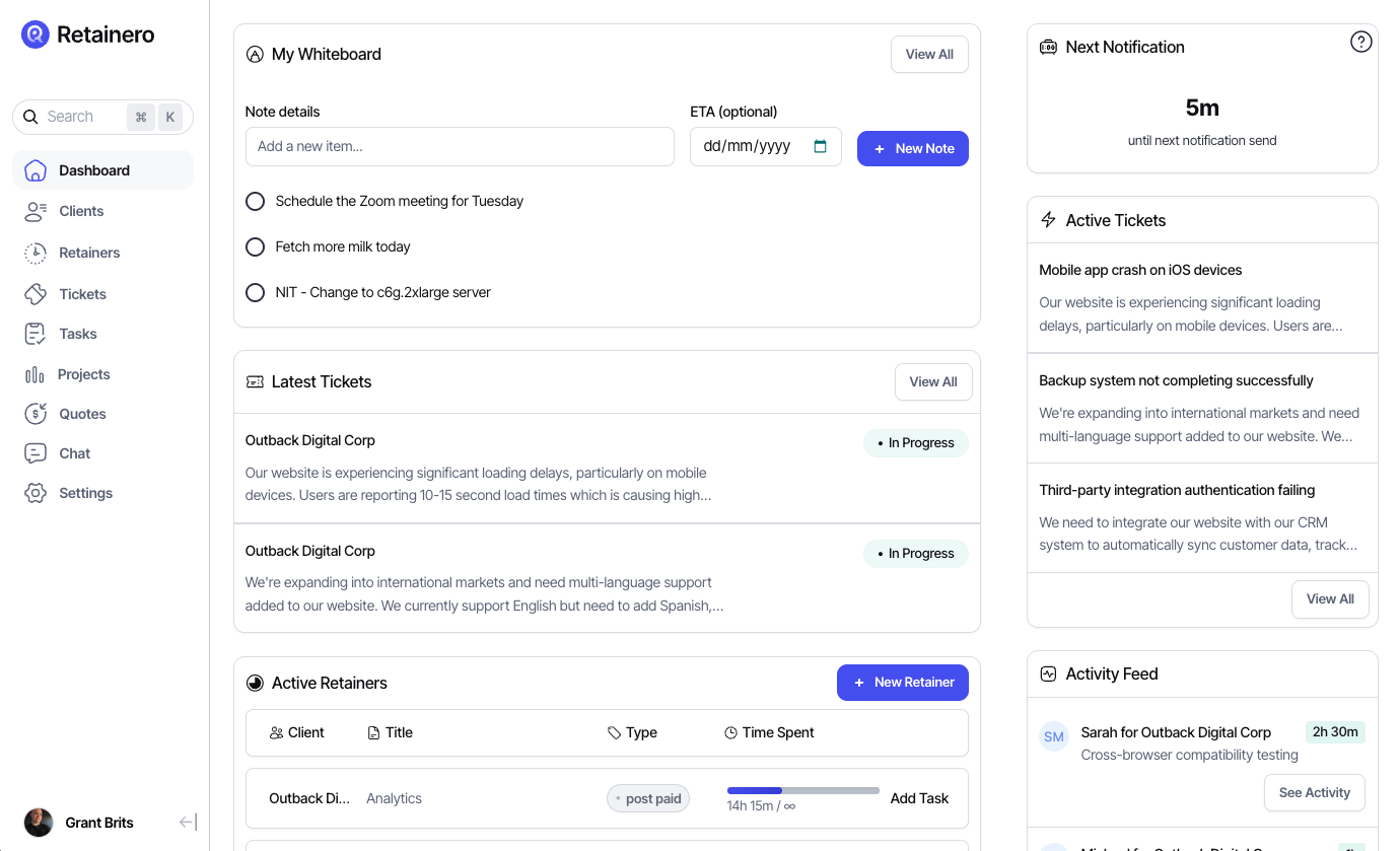 Retainero CRM dashboard showing retainer tracking, client kanban boards and support tickets for agency teams