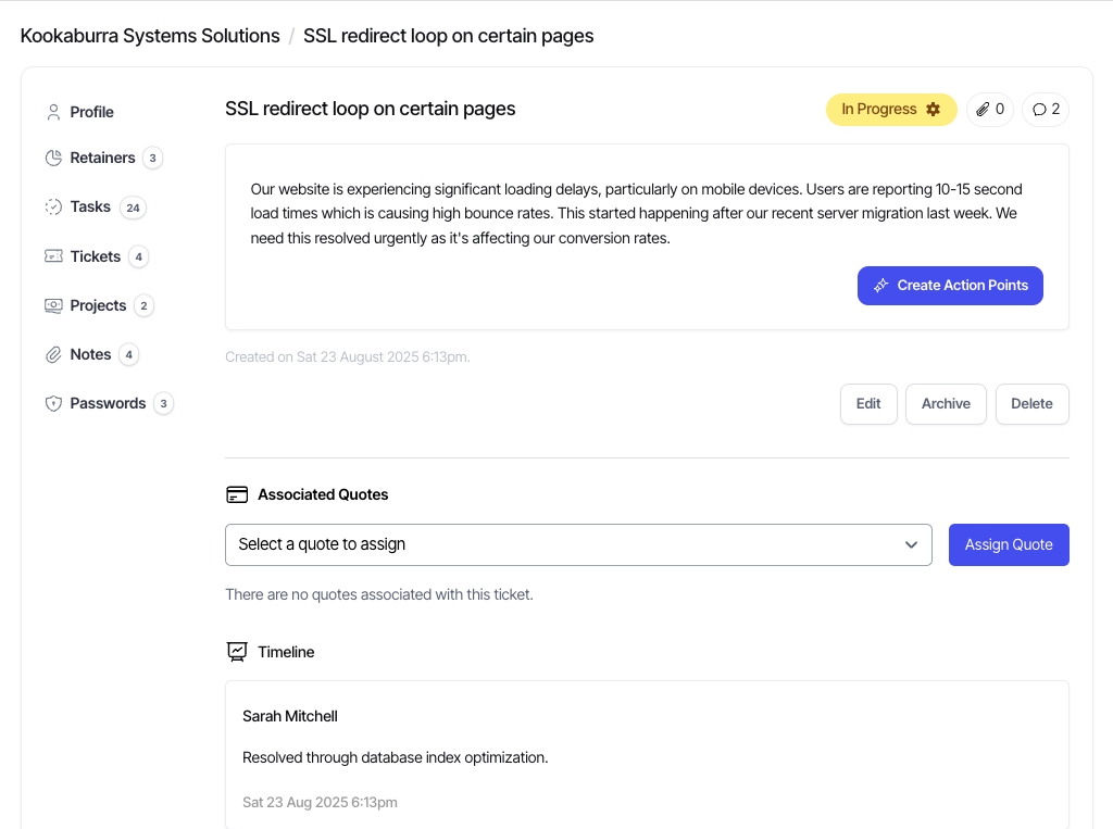 Retainero ticket management — clients lodge requests, your team tracks and action them with a full timeline